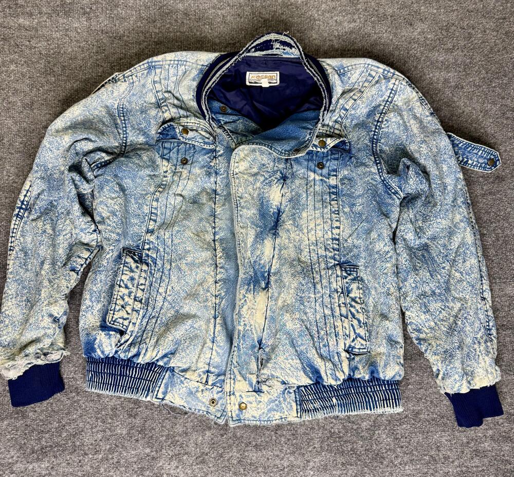 Vintage Ocean Jacket Mens XL Blue Acid Wash Denim Bomber Quilted Lined 80s